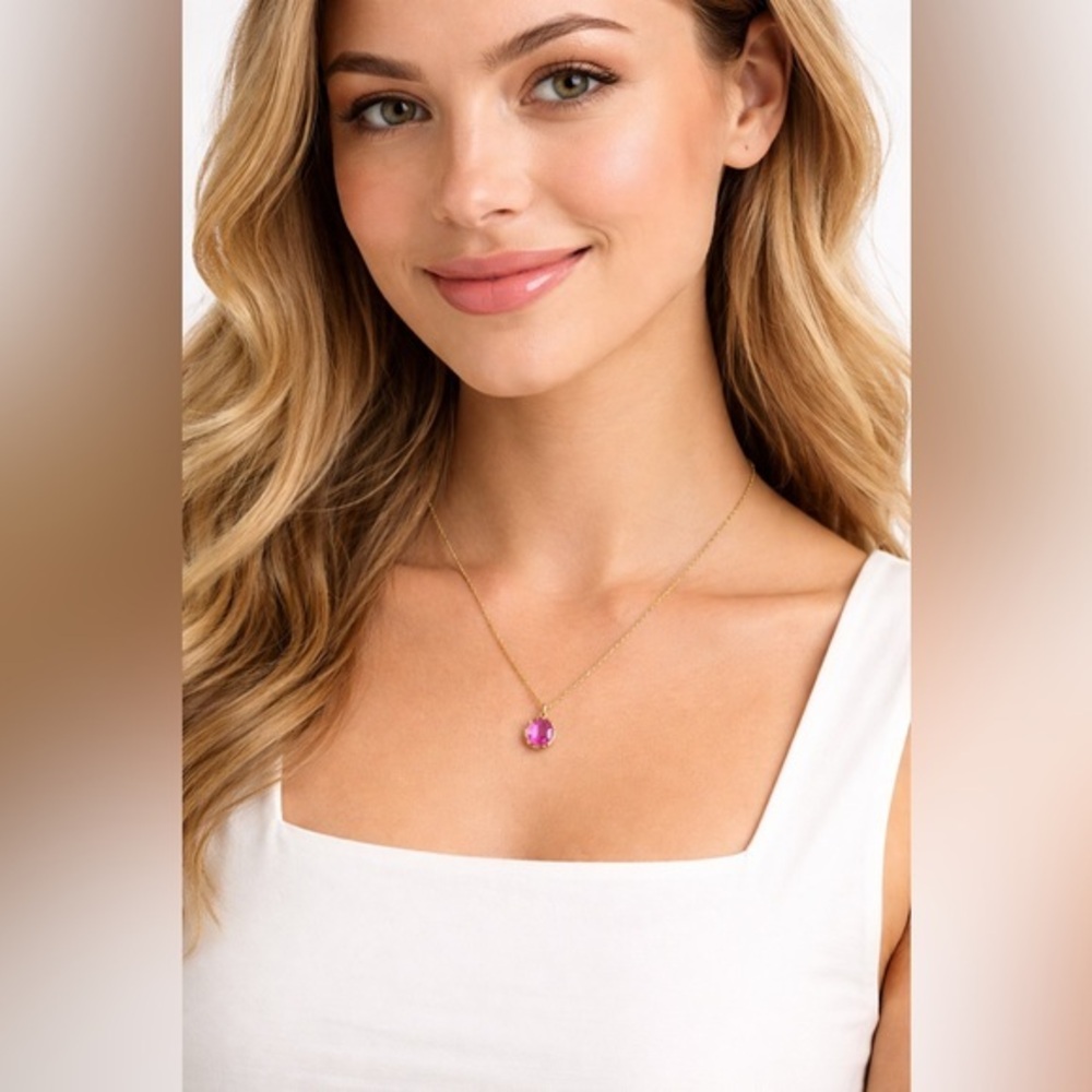 Mini medallion gold & dark pink pendant necklace & thin gold pared chain.
